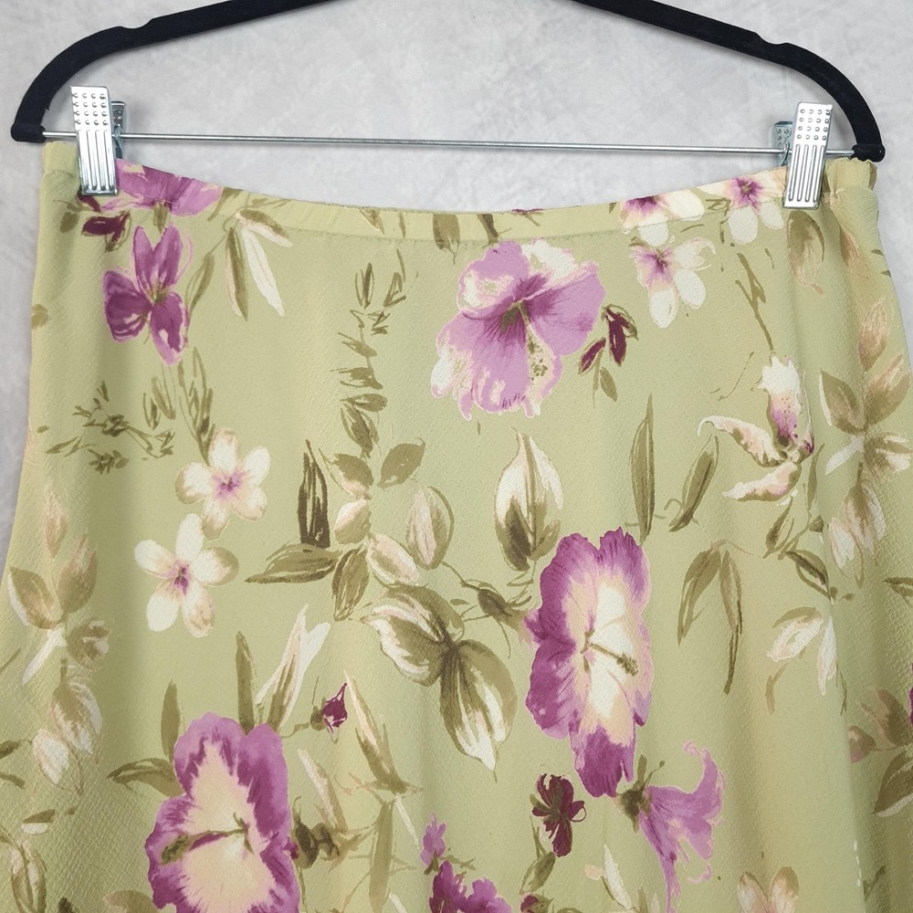 Vntg Y2K Skirt Womens 12 Green Floral Chiffon Midi Asym Hem Flutter Whimsy Fairy - Picture 2 of 16
